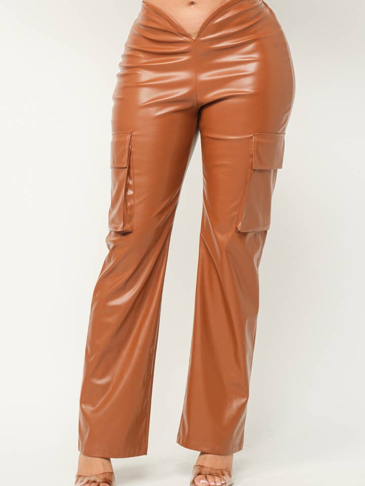 Julia by LoveJ - Wholesale Pants - Women's - Leather Front V-Cut Side Flap Pocket Cargo Pants