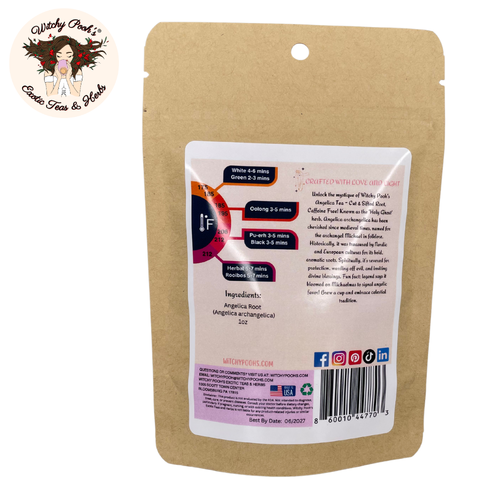 Witchy Pooh's Exotic Teas & Herbs – Chá solto por atacado – Chá de Angélica da Bruxa Pooh - Raiz Cortada e Peneirada, Espírito Santo1
