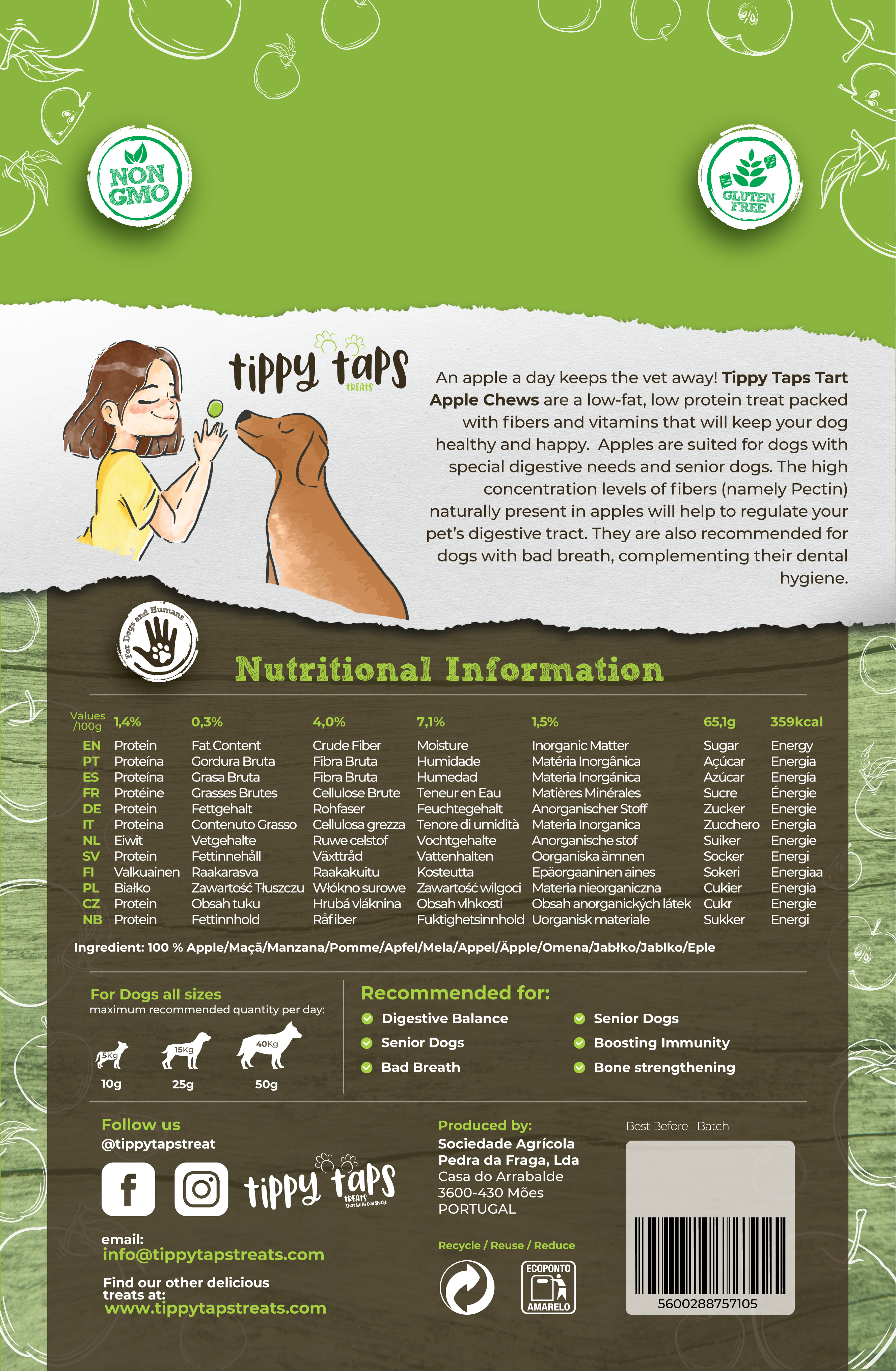 Tippy Taps Treats - Wholesale Pet Treats - Dog - Natural Dog Treats, Tart Apple Chews 100gr, Vegan Gluten Fr.1