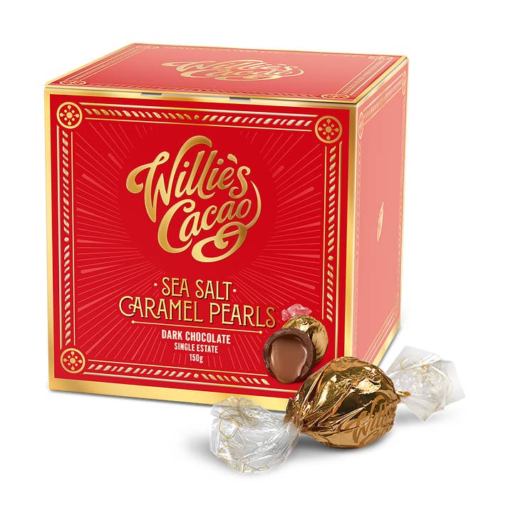 Dark Chocolate Pearls filled w. Molten Salted Caramel. 20 pc for wholesale by Willie's Cacao USA