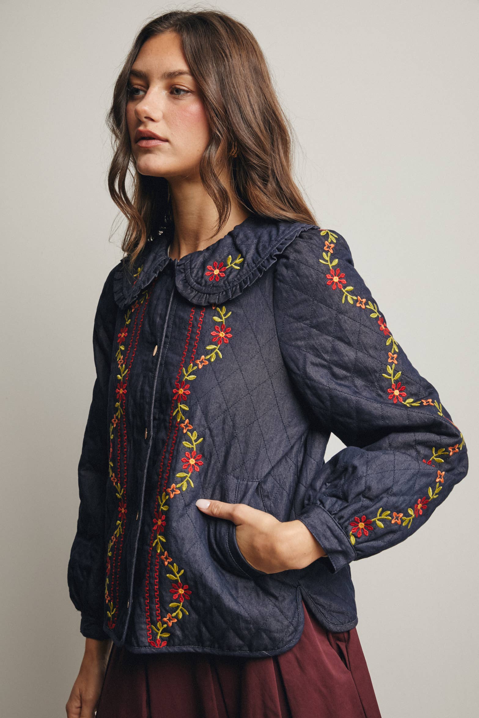 Midnight Indigo Embroidered Quilted Denim Jacket FJ0008 for wholesale on Faire9