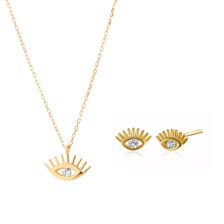 Set collana e borchie White Eye Evil Eye in argento Sterling per la vendita all'ingrosso da parte di Spero London