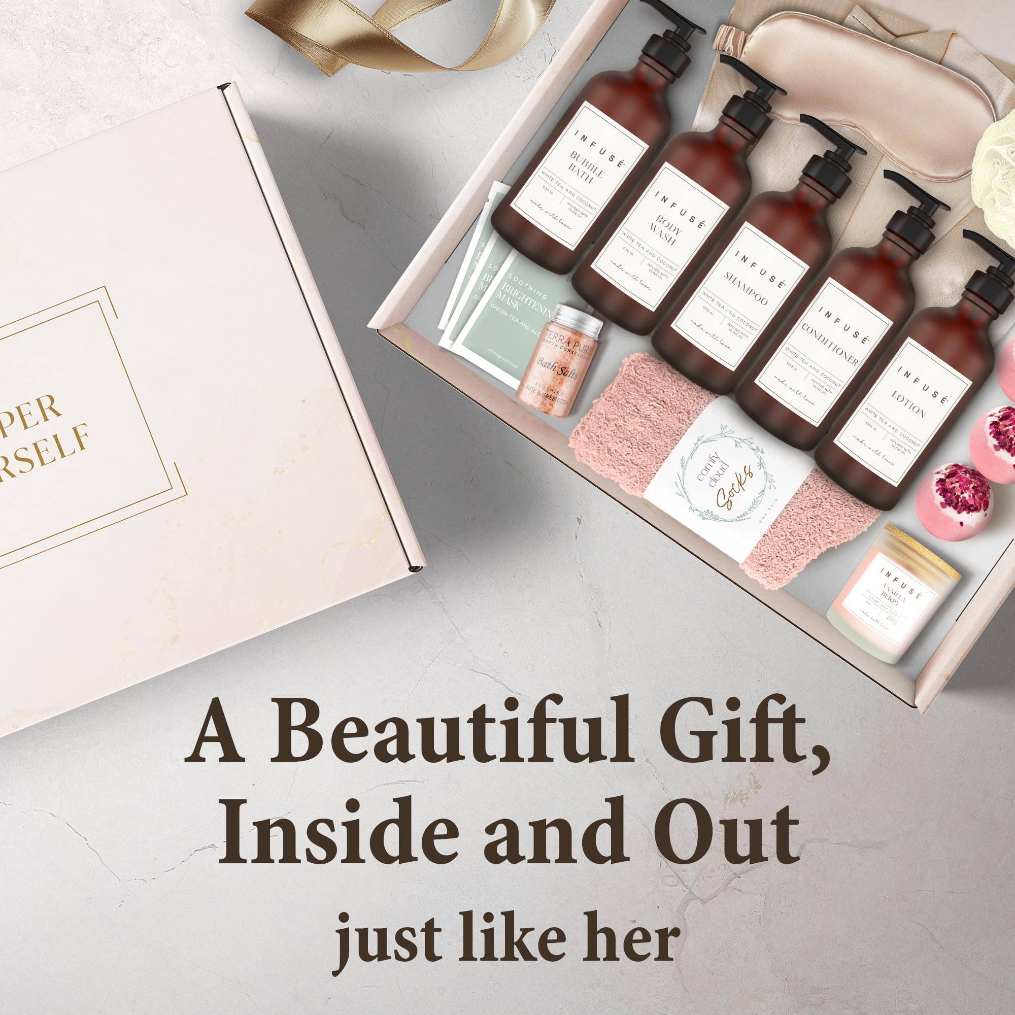 Diversified Hospitality Solutions – wholesale Gift box – 17-Piece Luxury Gift Set with Robe | Complete INFUSÉ White Tea & Coconut Bath Collection | Self-Care Kit with Bath Bombs, Face Masks & Hair Care6