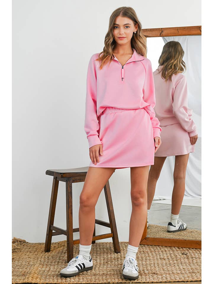 Aapparella - Wholesale Top & Skirt Set - Women's - Solid Half Zip Front Pullover & Mini Skirt 2 Pcs Set | S-XL15