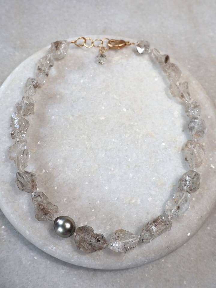 Knotted Herkimer with Tahitian pearl for wholesale by Bittersweet Designs