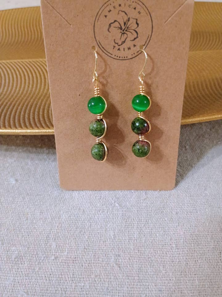 Pendientes de Jaspe Verde con Alambre - Triple Caída para venta al por mayor de American Taina Crafts