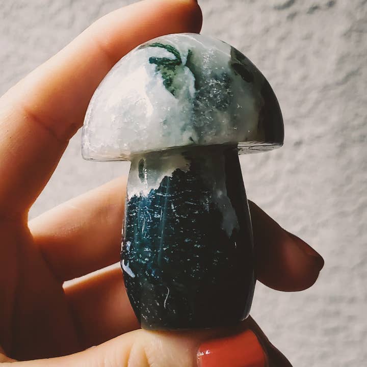 White and Deep Green Moss Agate Carved Mushroom for wholesale by Copper Bug Jewelry