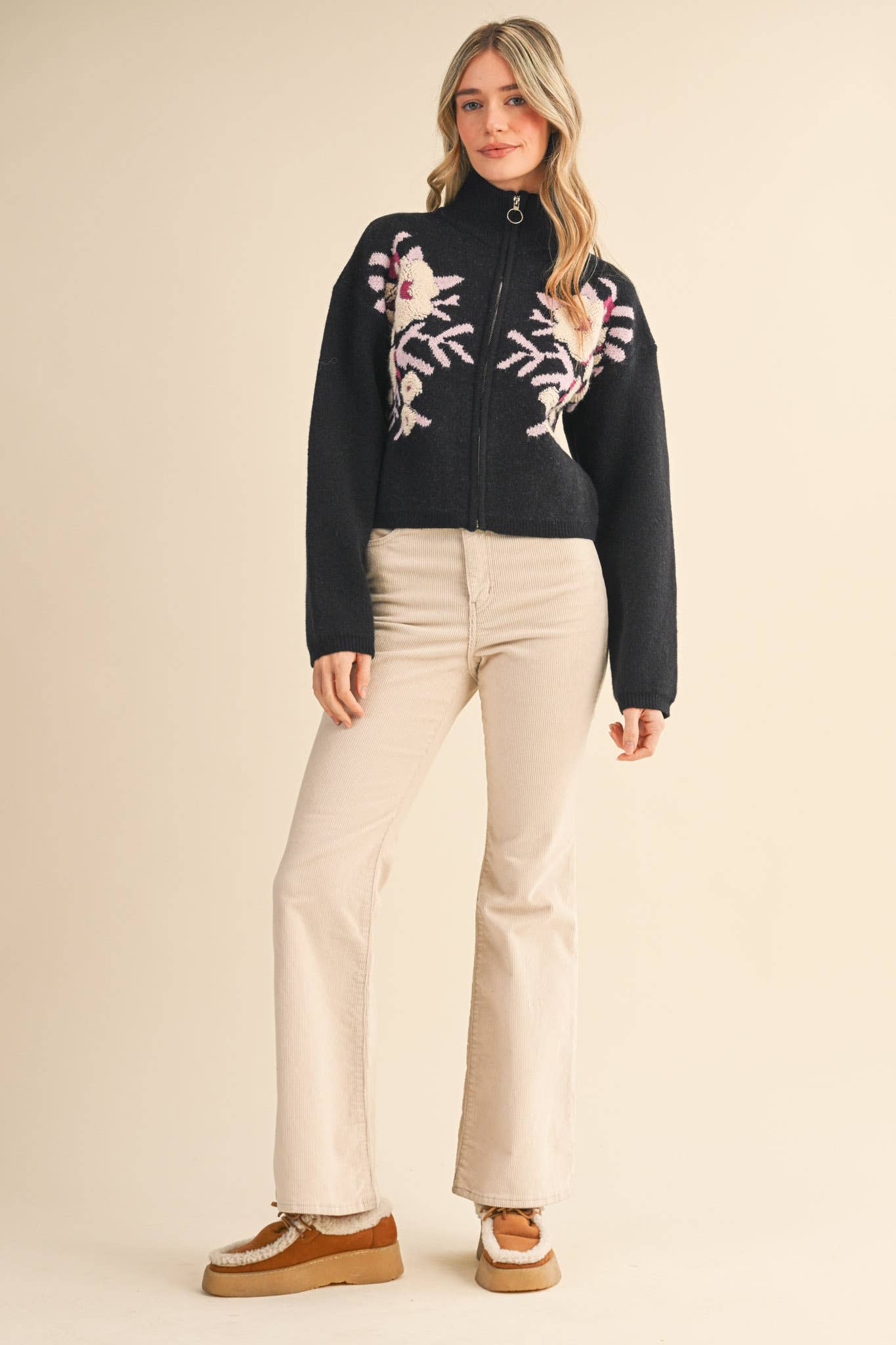 &MERCI - Wholesale Cardigan - Women's - FLORAL ZIP UP SWEATER CARDIGAN MSW111887