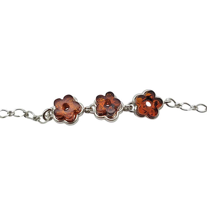 Cognac Amber Sterling Silver Flower Link Bracelet for wholesale by Amberman