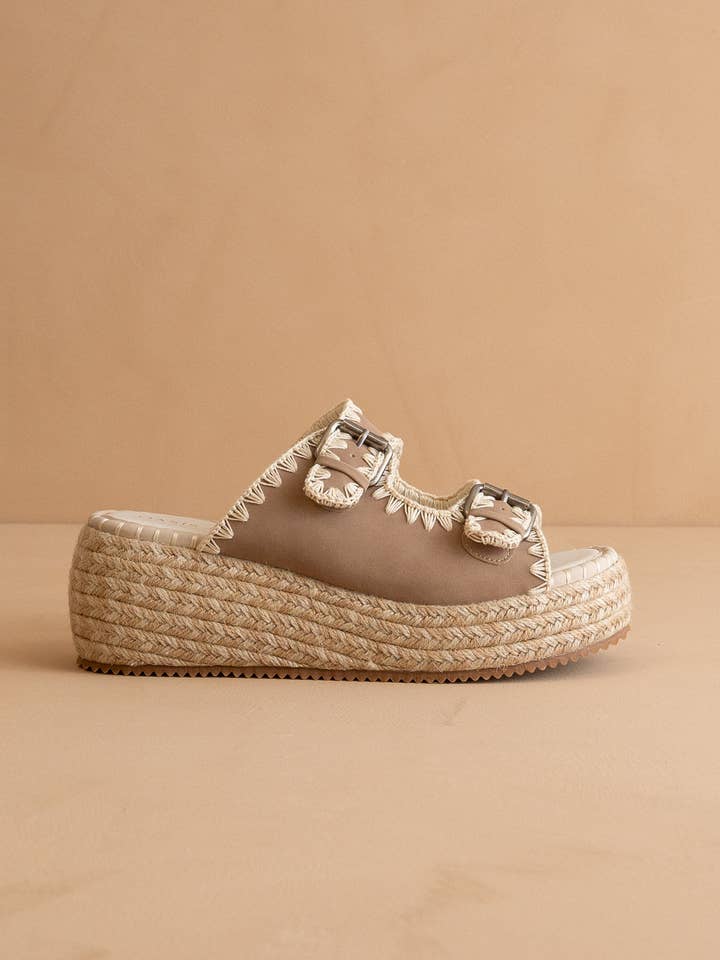 The Eugenia | Cedar Wood Embroidered  Raffia Platform Slide for wholesale by OASIS SOCIETY