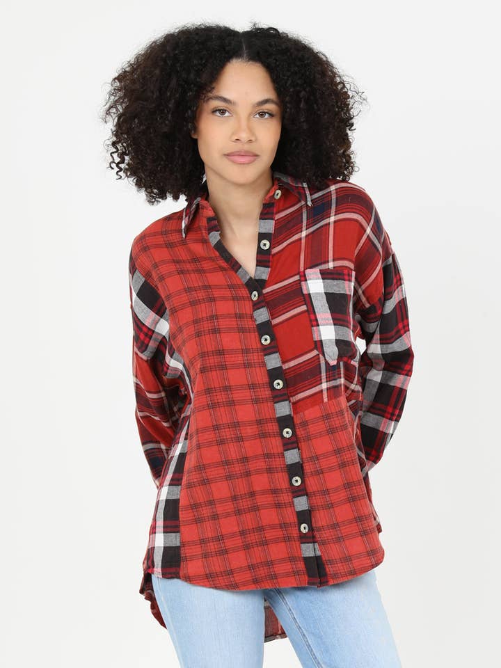ANGIE - Wholesale Button Down Shirt - Women's - C2013-SA57-RB40-SC36 MIXED PLAID BUTTON FRONT HI LO HEM SHIR0