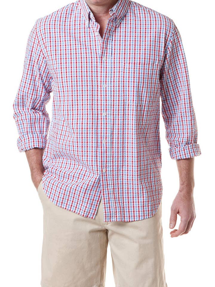 Chase Shirt mit Seersucker-Karomuster, Rot/Weiß/Blau für den Großhandel von Castaway Clothing Nantucket Island