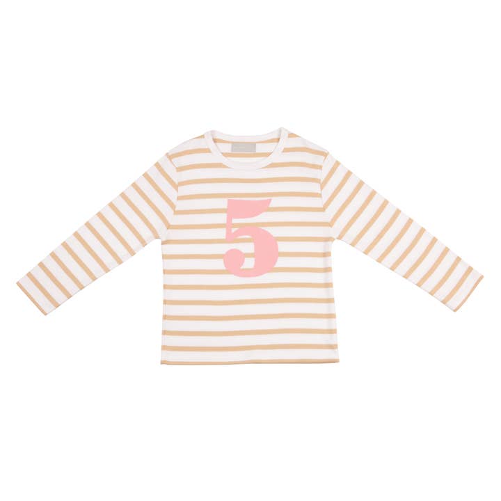 Biscuit & White Breton Striped Number 5 T Shirt (Pink) for wholesale by Bob & Blossom (US Duties Paid)