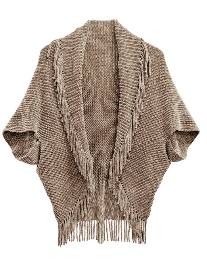 Dark Taupe Solid Knitted Shrug Cardigan with Tassels for wholesale by AMOLI