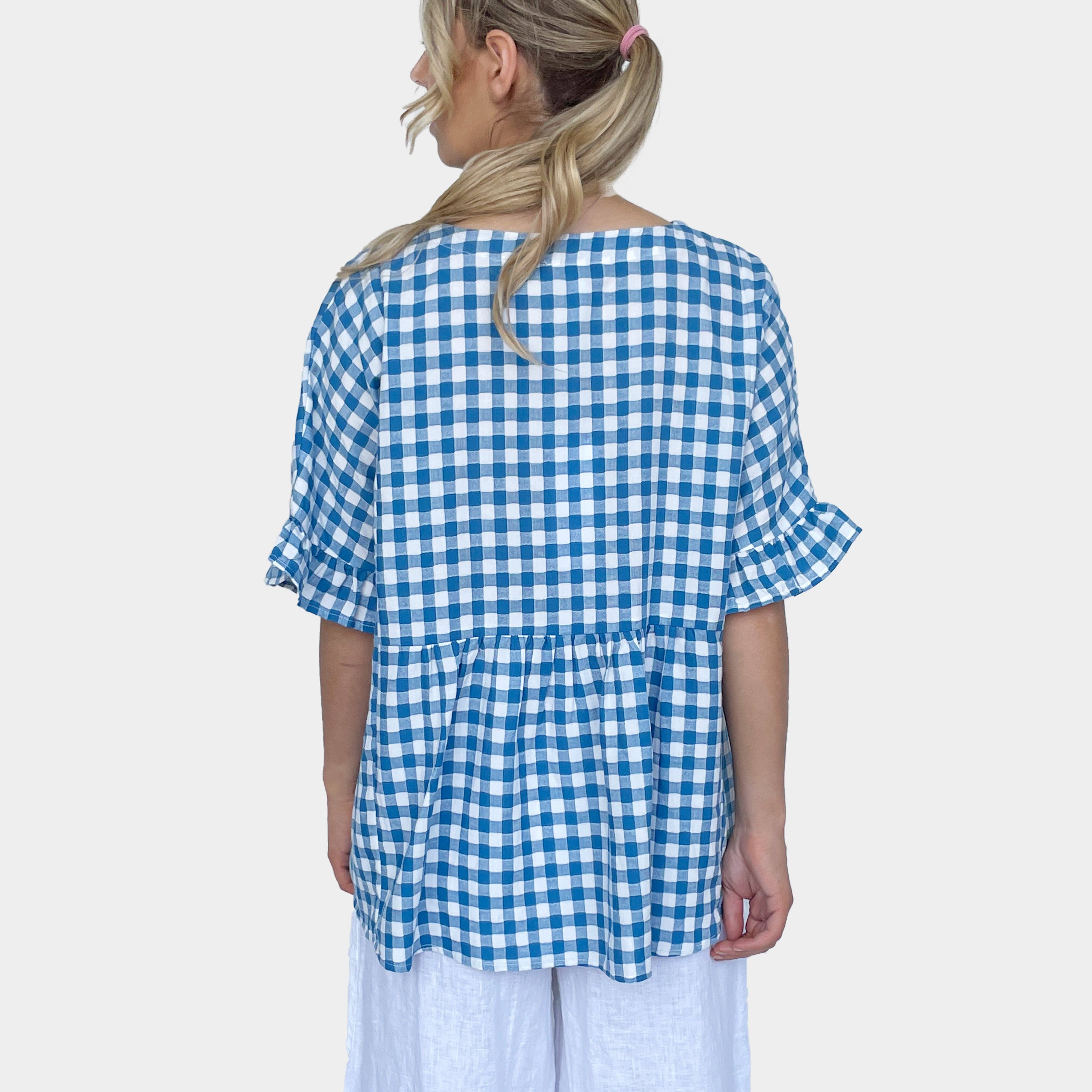 Amyic – wholesale Blus - Dam – Gingham Topp Volangärm Blå2