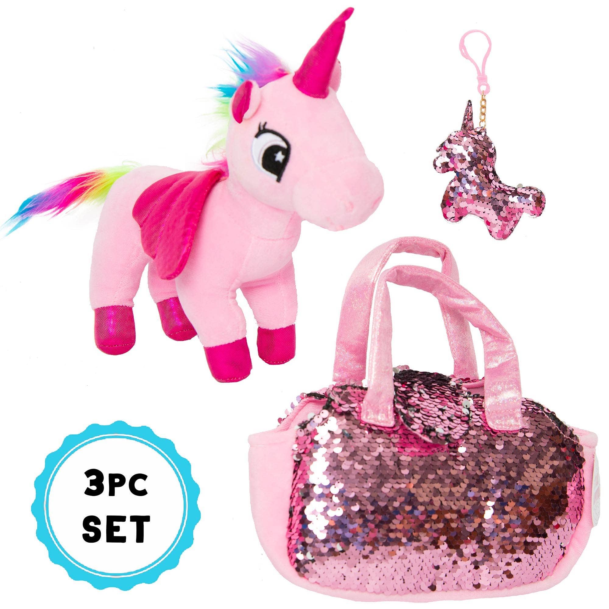 AYK Brand – Großhandel Kuschel-/Plüschtier – Kind & Baby – Little Jupiter Haustier-Plüsch-Set mit Tasche, rosa Einhorn6