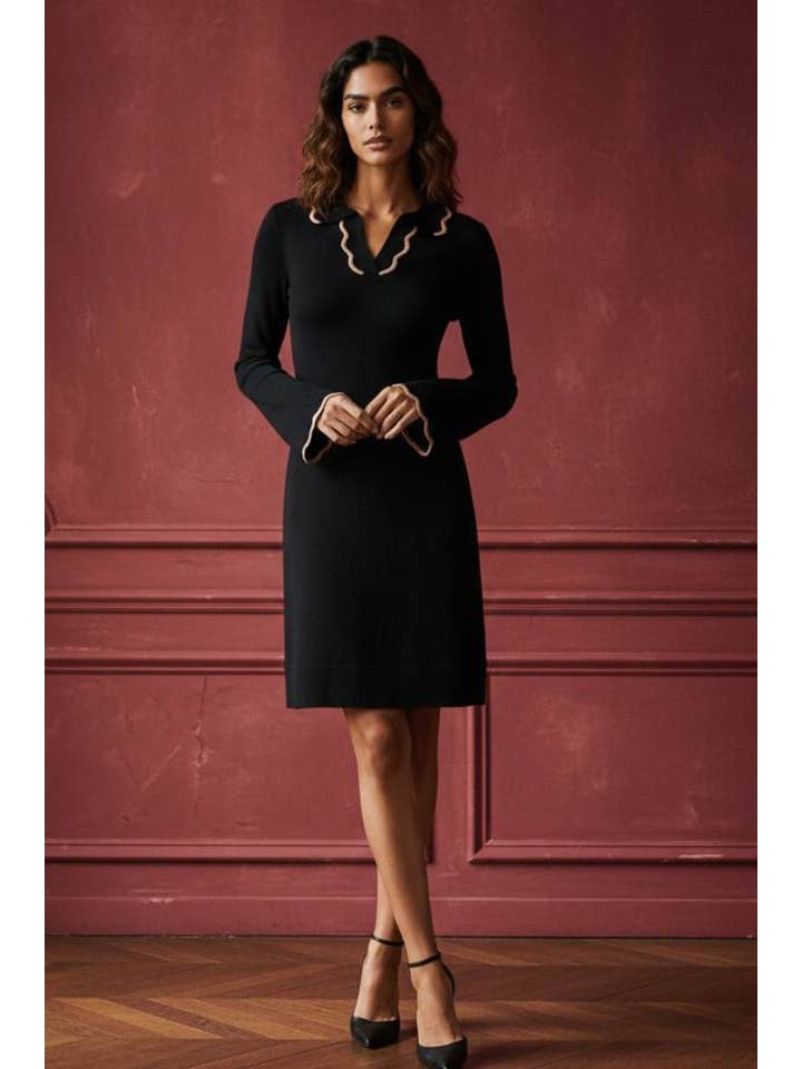 Alice Black Knit Dress Polo Shirt Collar Piping Neckline Relaxed Fit for wholesale on Faire2