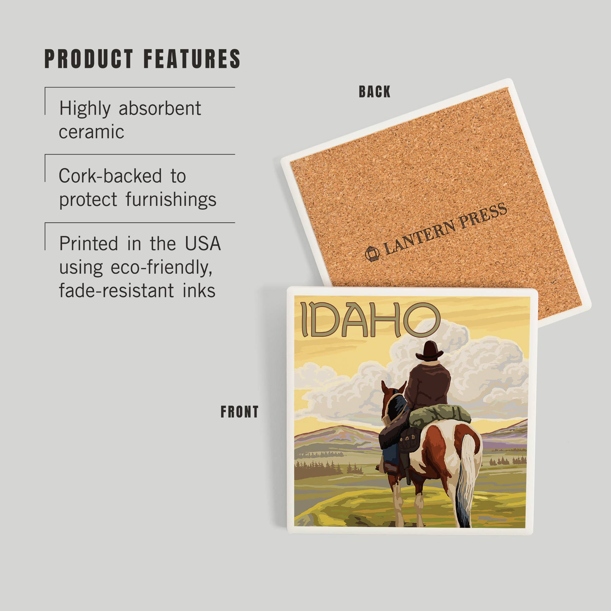 Lantern Press - Venta al por mayor Posavasos - POSAVASOS DE CERÁMICA Idaho, Cowboy & Horse2