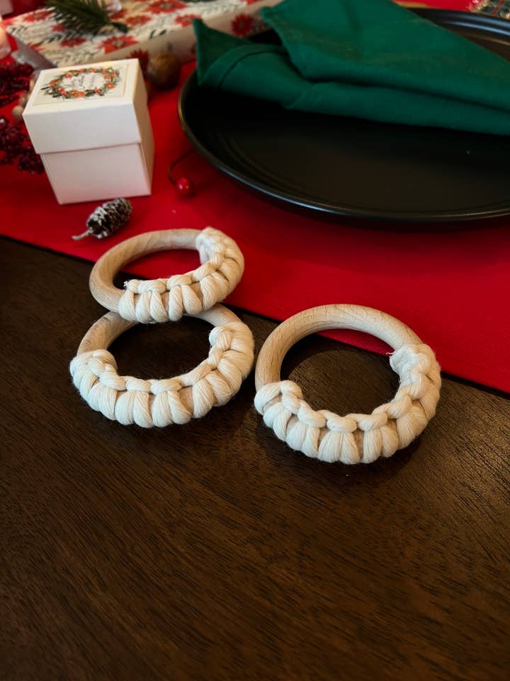 Macrame Cotton Wood Napkin Ring, Bohemian Table Decor for wholesale by Uniq Favors
