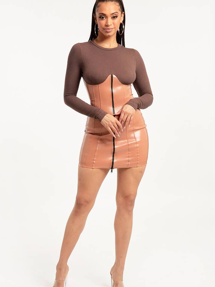 - Zip Up Front PU Contrast Corset Style Mini Dress DT1988 for wholesale by Jour