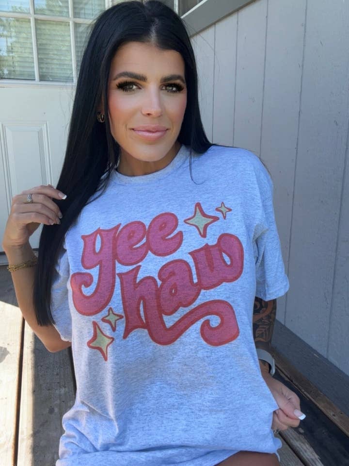 Sugar & Velvet Collective Wholesale - Wholesale Screen Printed T-Shirt - Women's - PINK YEE HAW TEE0