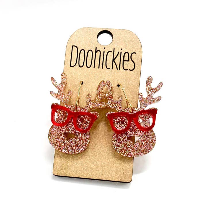 1.5" Nerdy Reindeer Dangles - Christmas Acrylic Earrings for wholesale by Doohickies