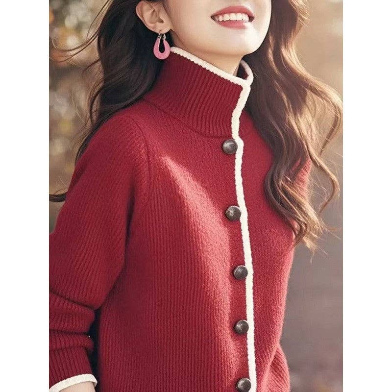 kycozy – Großhandel Strickjacke – Damen – Colorblock-Cardigan mit hohem Kragen2