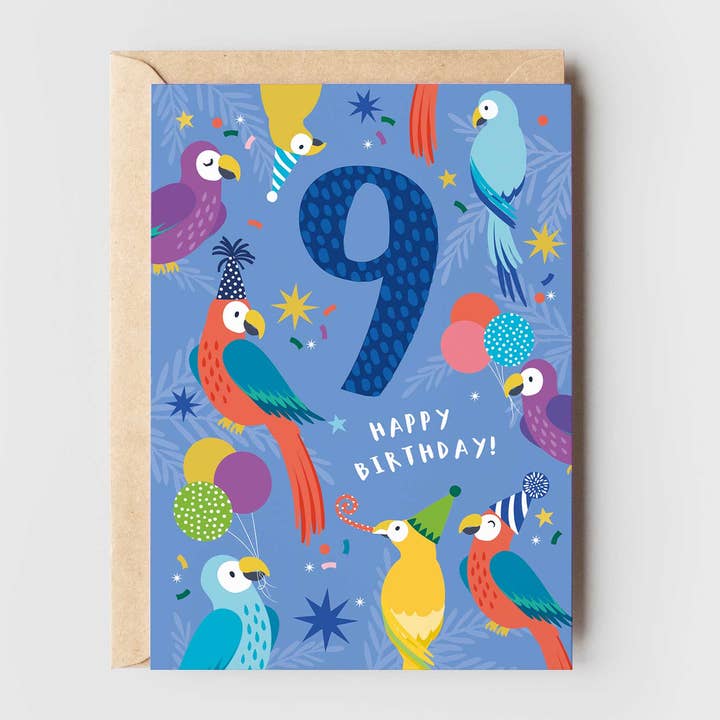Cute Age 9 Parrots Children’s Generic Birthday card for wholesale by Klara Hawkins