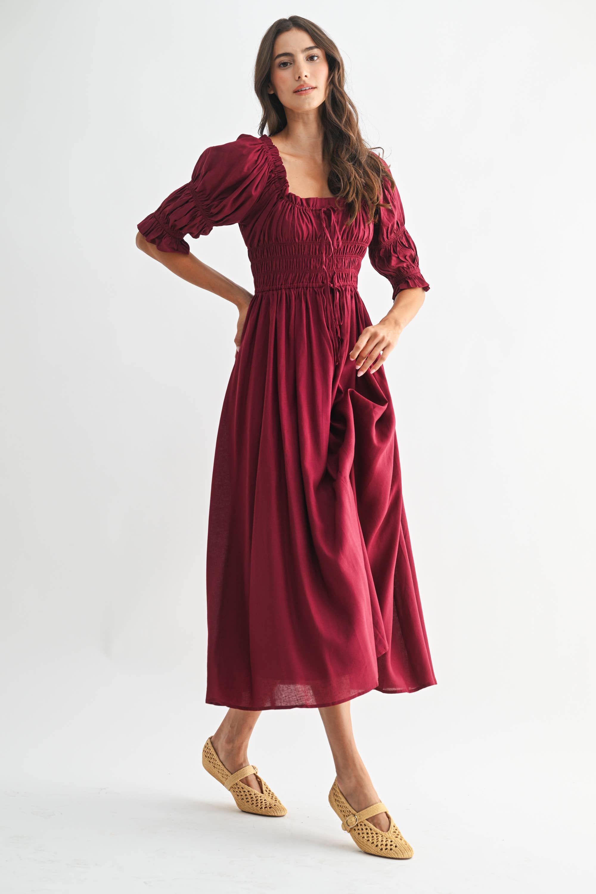 Camellia - Vente Robe – femme - ROBE MIDI ÉPAULES DÉNUDÉES SMOCKÉE AVEC JUPE PLISSÉE21