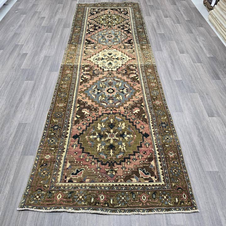 Hand Knotted Wool Heriz Runner: Vintage Persian Rug (3.40x10.70 ft) for wholesale by MesopotamiaRugs