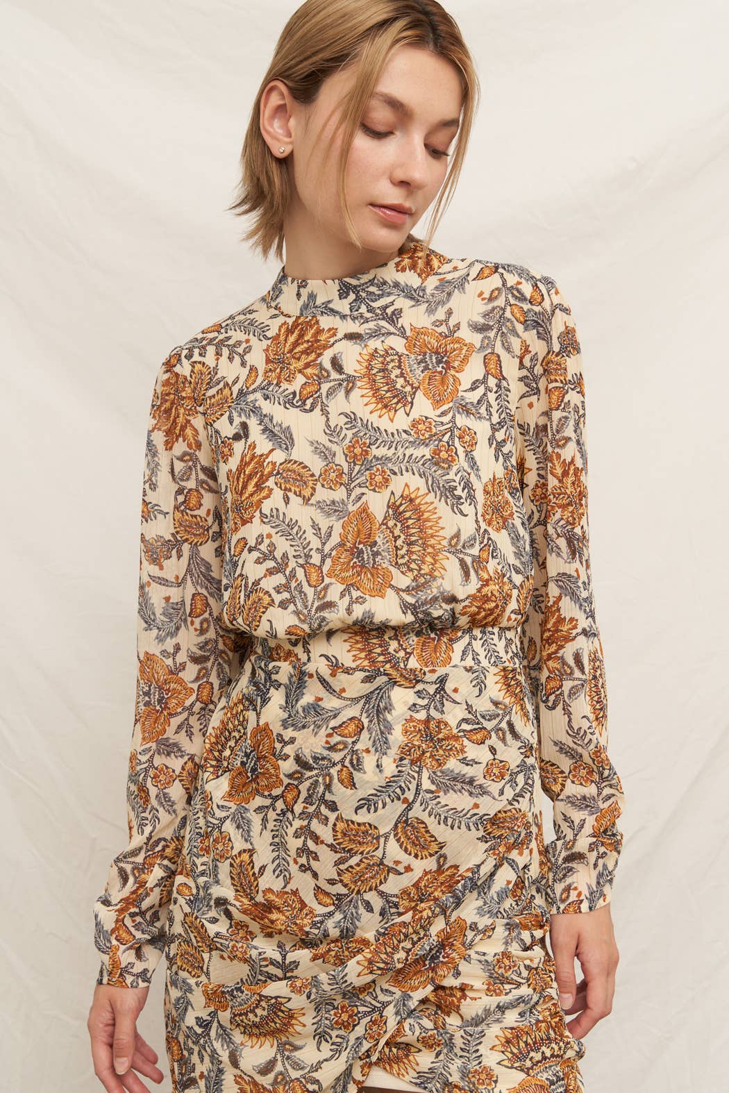 CREAM MULTICOLOR Long Sleeve Mock Neck Mini Dress for wholesale on Faire8