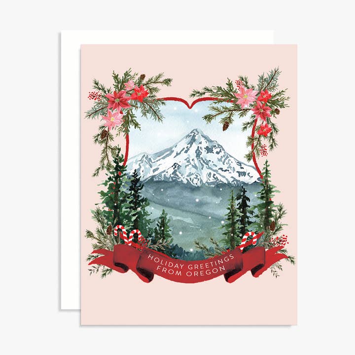 Pink Mt Hood Oregon Christmas Crest Holiday Greeting Card for wholesale by The Scribblist