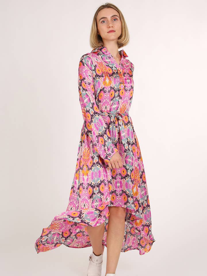 Multicolor Print Collared High Low Dress LC3243 for wholesale by Beulah Style