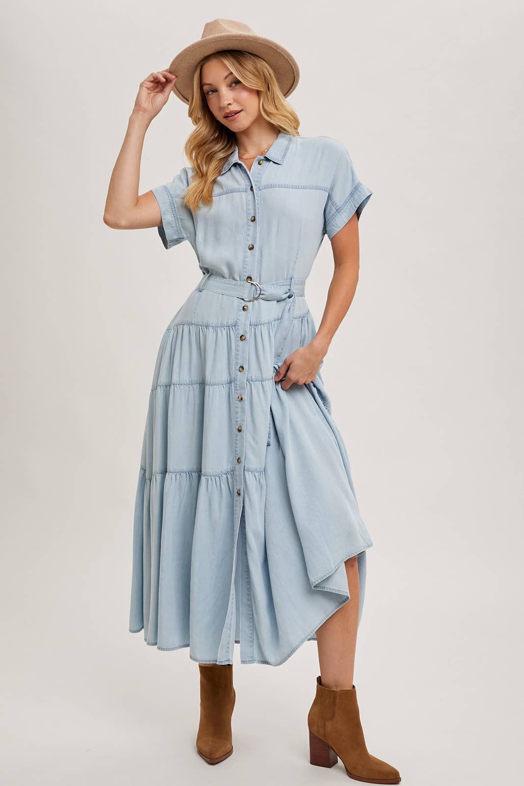 Bluivy - Wholesale Dress - Women's - BUTTON FRONT SHORT SLEEVED TIERED MAXI DENIM DRESS18