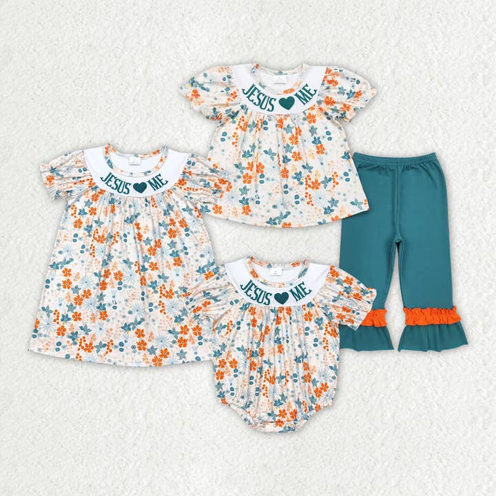 Aier Wholesale - Wholesale Top & Pant Set - Kids - Baby Girls Jesus Love Me Flowers Sibling Dresses Rompers Outfits Sets3