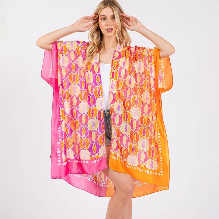 Zweifarbiger Besatz Abstrakter Druck Seidiges Gefühl Kimono Poncho für den Großhandel von Sensibling Corp.