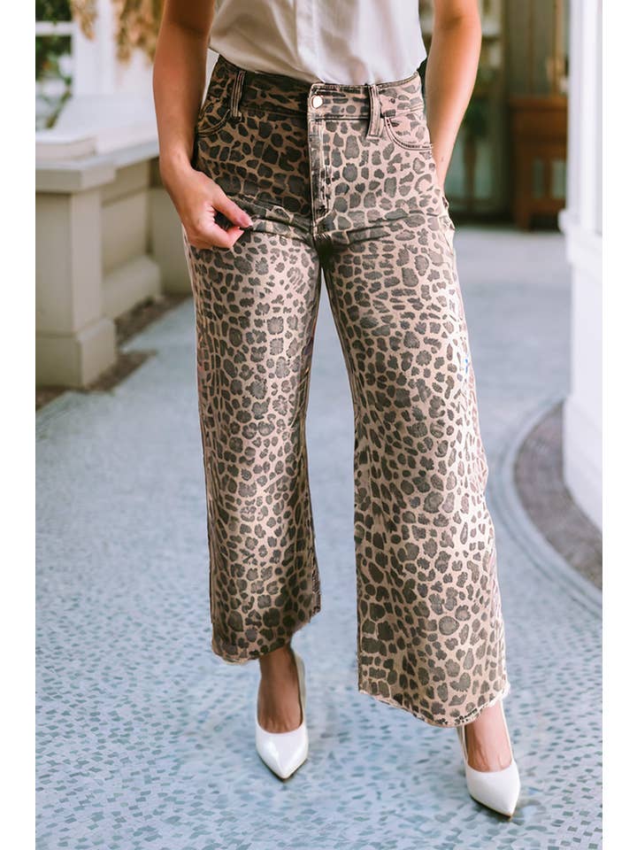 Brown LDC Leopard Frayed Edge Wide Leg High Waist Jeans for wholesale on Faire
