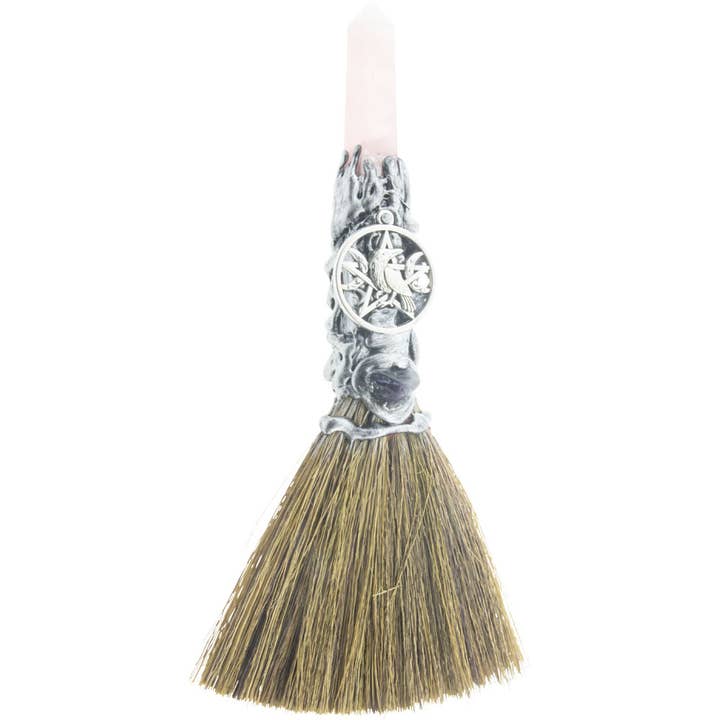 Kheops International - Wholesale Meditation Supplies - Gemstone Wicca Broom 8in - Rose Quartz w/ Silver Raven
