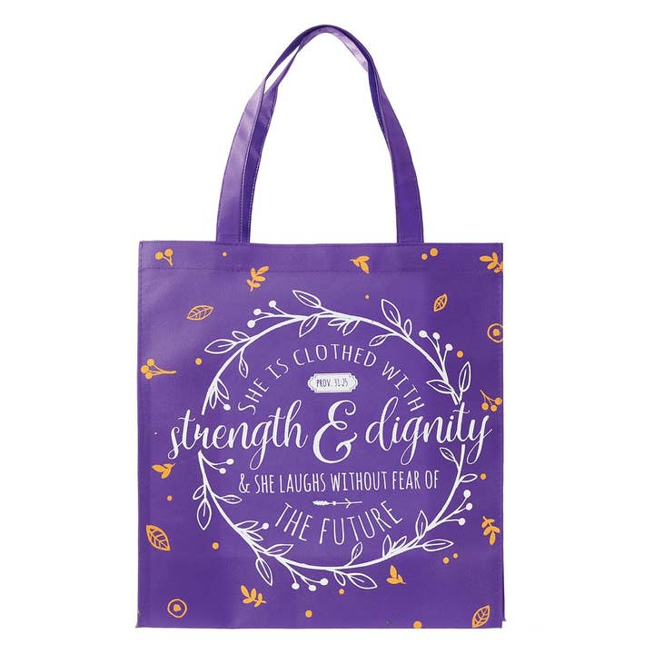 Christian Art Gifts - Wholesale Grocery/Shopping Bag - Tote Purple Strength & Dignity Prov. 31:25