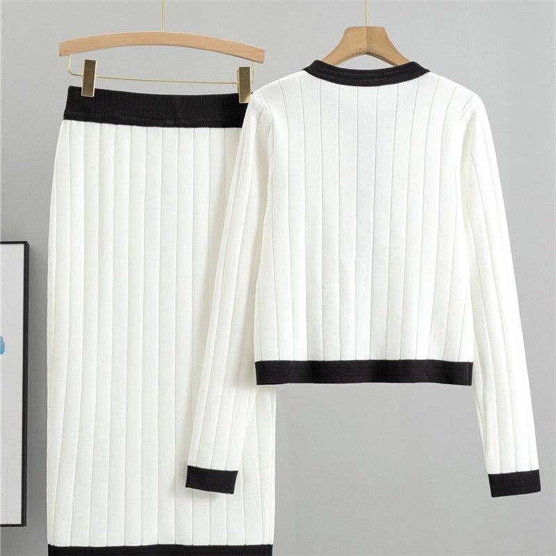 FurDecoration - Venta al por mayor Conjuntos de top y falda - Mujer - Conjunto de cárdigan de punto con vestido y falda con bloques de color2