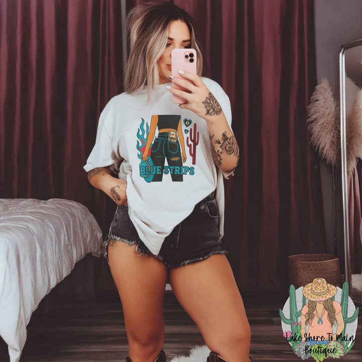 Lake Shore To Main - Wholesale Screen Printed T-Shirt - Women's - Cute tee - Edgy tee -Blue strips - Western tee - Grunge tee