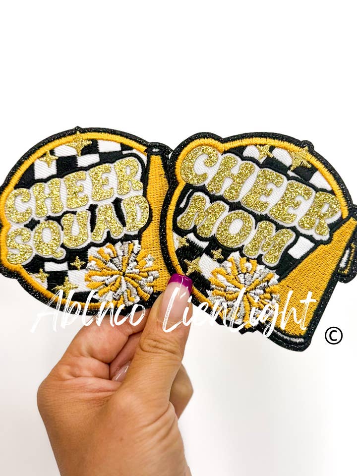 Gold Cheer Squad & Cheer Mom Glitter Embroidery Patch©️ for wholesale by ABLNco