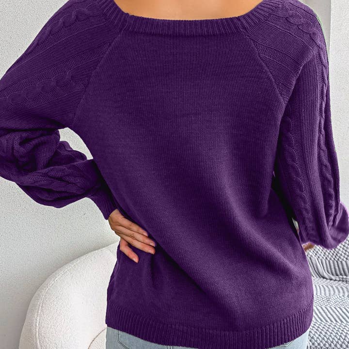 Suhkasana - Wholesale Knitted jumper – Women′s - Fall Winter Casual Square Neck Button Detail Cable Knit Swea46