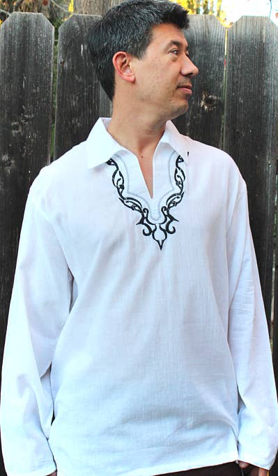 Atlas Goods By Your Needs Company - Wholesale Button Down Shirt - Men's - MEN'S SHIRT WHITE WITH TRIBAL ART EMBROIDERY1