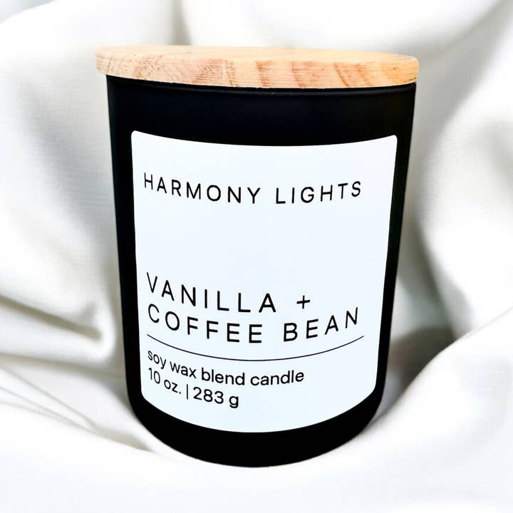 Vanille + Grain de Café - Bougie en Verre Noir Mat de 10 oz. en Cire de Soja pour la vente par Harmony Lights