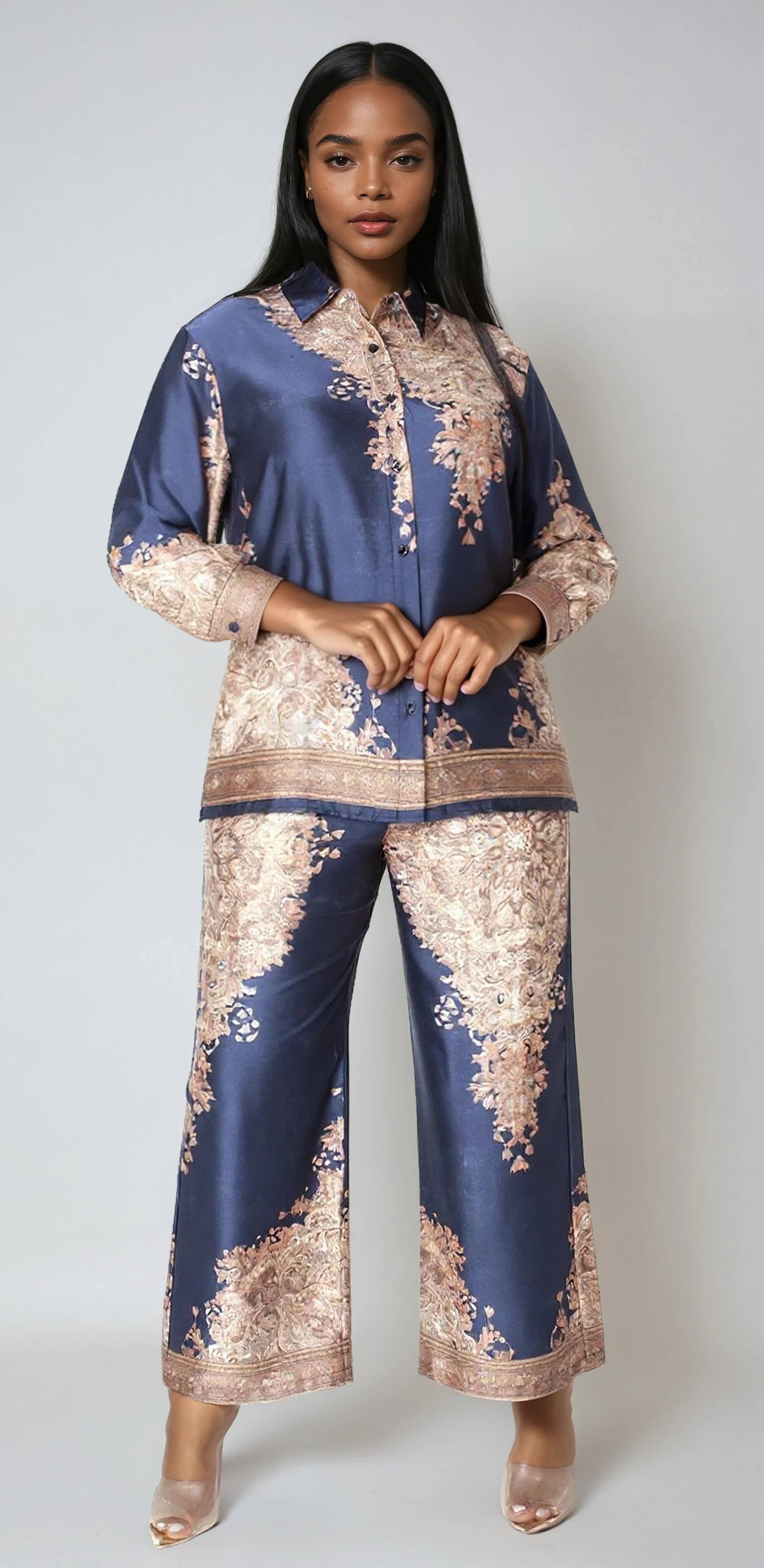 For Her NYC - Wholesale Top & Pant Set (NOT Loungewear) - Women's - Baroque Print Satin Pant Set -828950