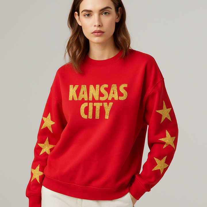Kansas City Red Crewneck with Glitter Stars, KC Apparel for wholesale by Elby Designs Apparel