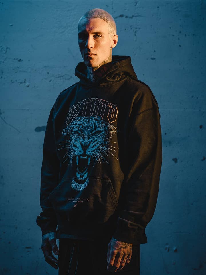 Vintage Panther washed black, white & blue Oversized Hoodie for wholesale by distorted people usa