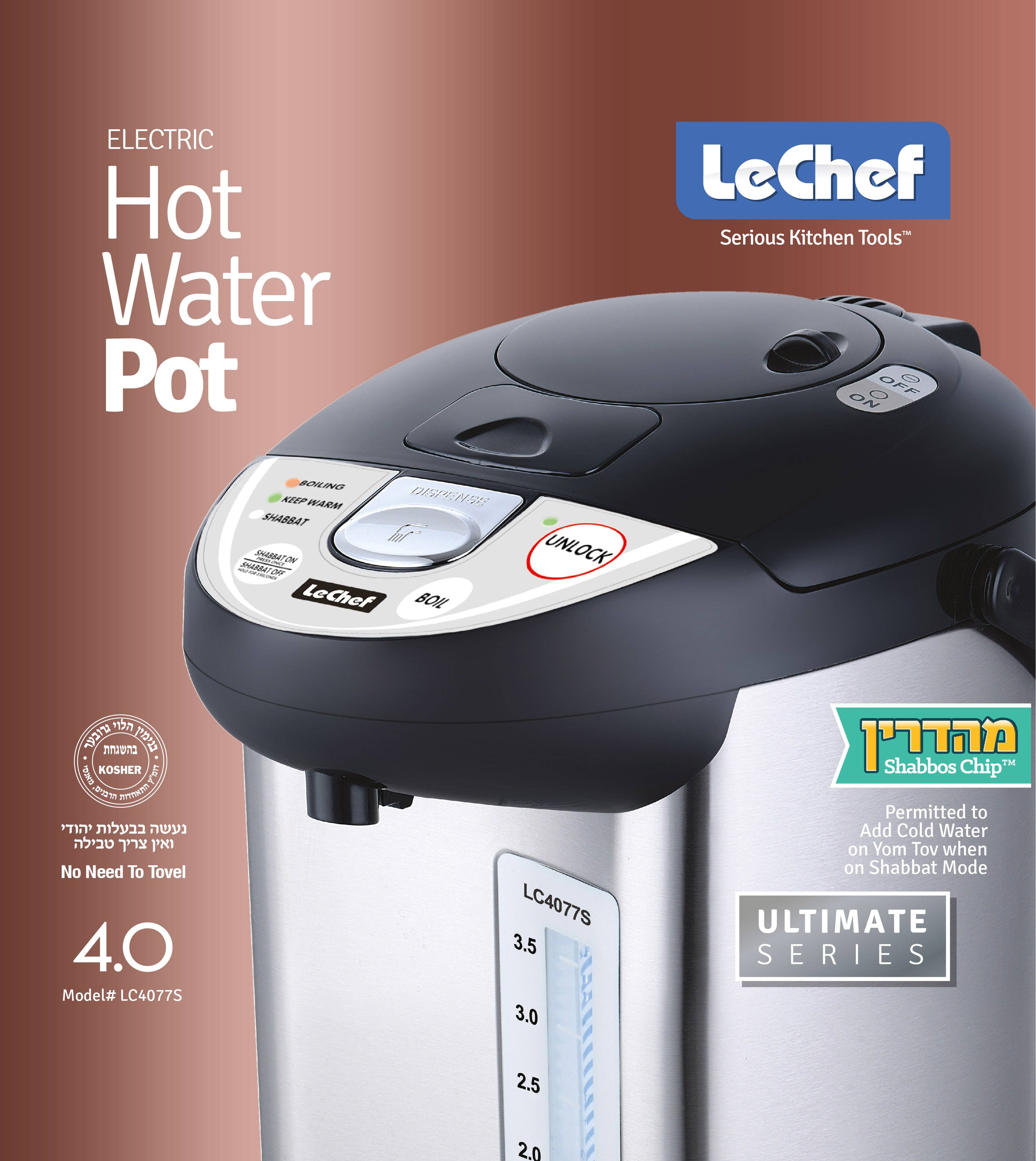 Alpine - Wholesale Kitchen Appliance - LE'CHEF ELECTRIC HOT WATER POT 4.0 QT MODEL# LC4077S WITH SHABBAT MODE4
