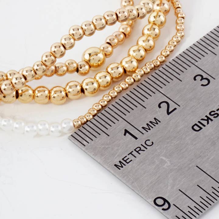 GOLD CREAM 4PC-Set Metallic Beads Pearls Stackable Stretch Bracelets for wholesale on Faire2